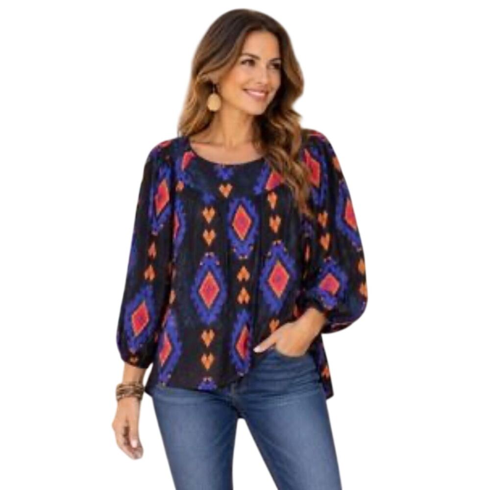 Lucky Brand Black blouse with purple brown red Aztec pattern, Size 6